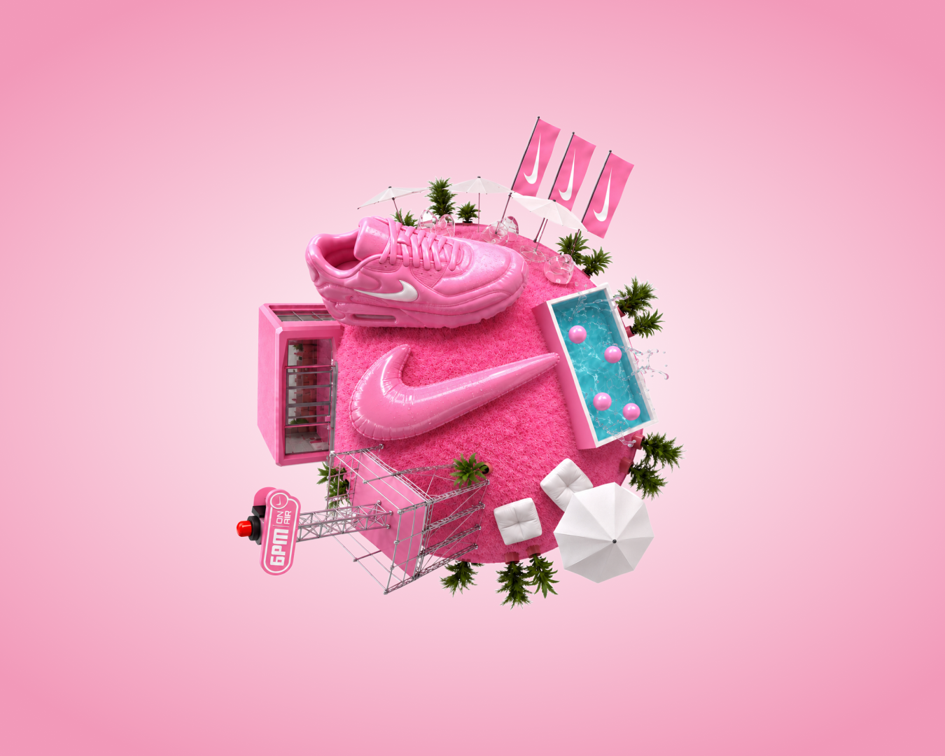 Pink-themed miniature planet featuring a large pink sneaker, giant Nike swoosh, pool with pink balls, white umbrellas, green plants, flags with Nike logos, and a sign reading '6PM ON AIR.'